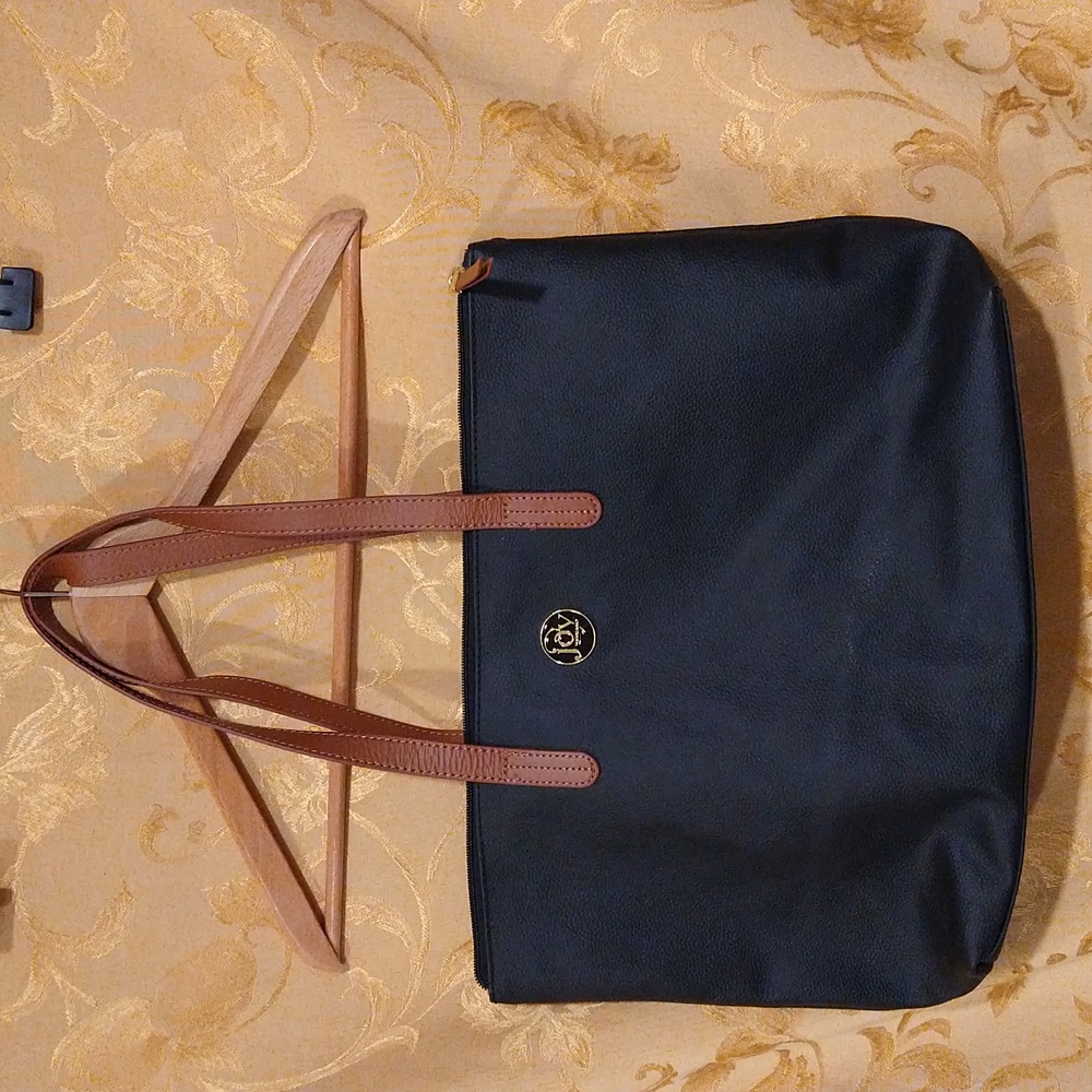 Joy Mangano Designer Black Leather Tote, Tan Straps and Plaid Liner.